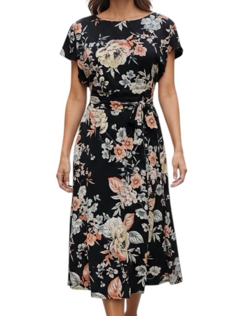 Studio One Black Floral Midi Dress with Peach & Cream Blooms Size Large